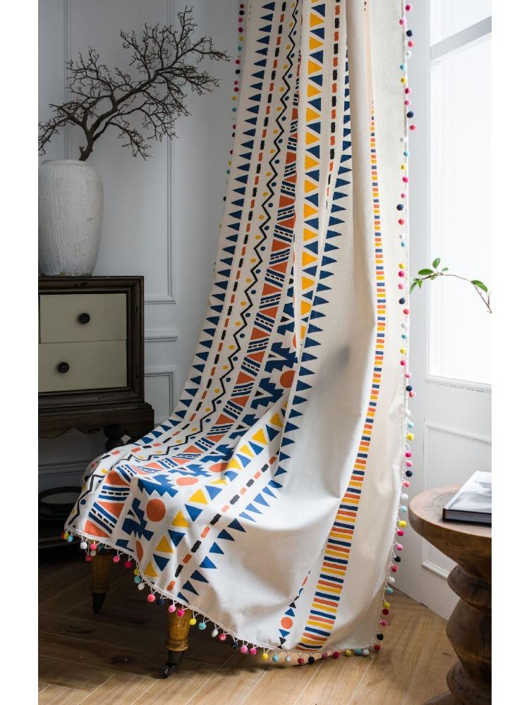Printed Colored Hairball Bohemian Rustic Cross-Border Curtains for Living Room Bedroom Bay Window Dining Room or Kitchen Bar