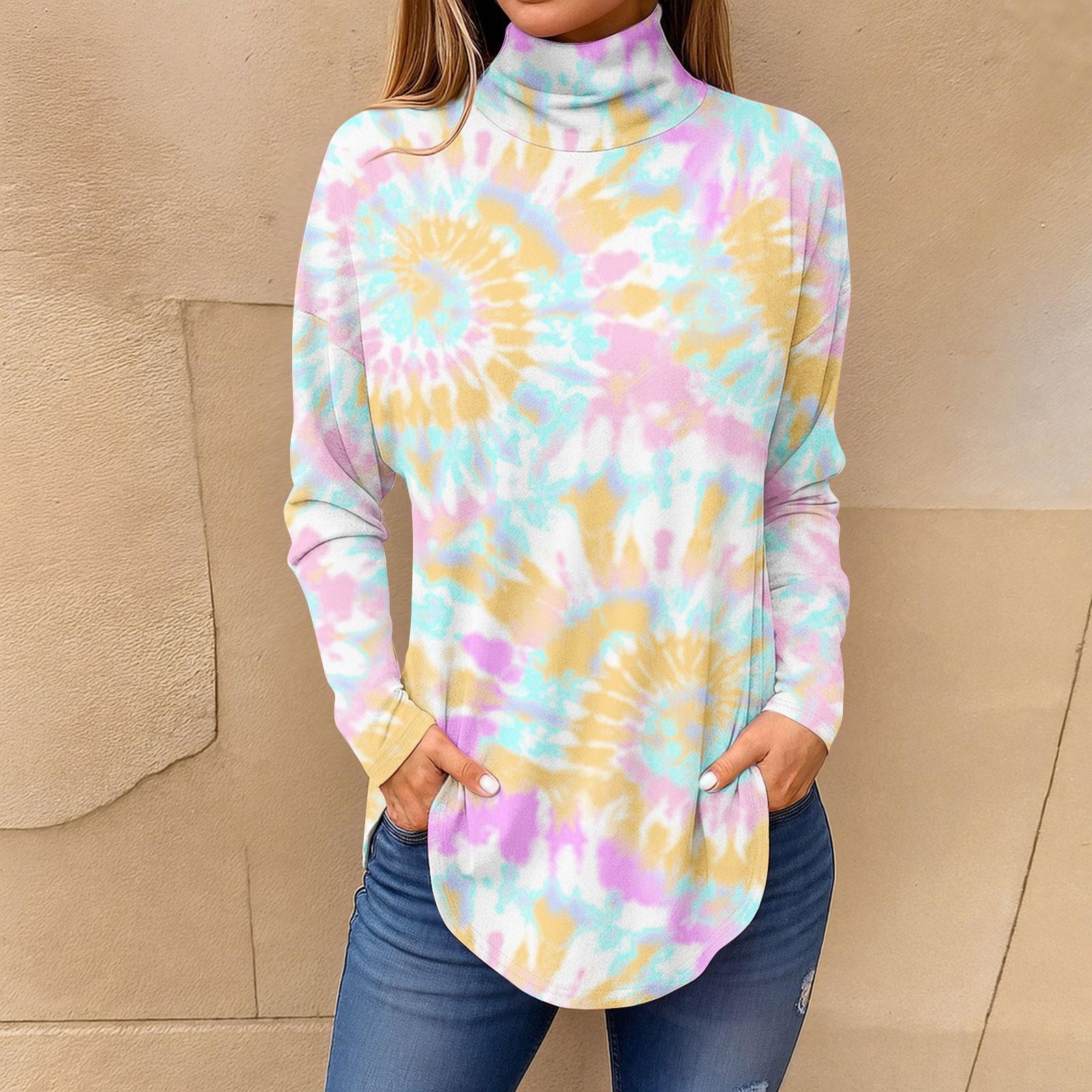 

Жіночі футболки для осені Повсякденні сорочки з довгими рукавами Світшоти Вінтажний пуловер з високим горлом і принтом M