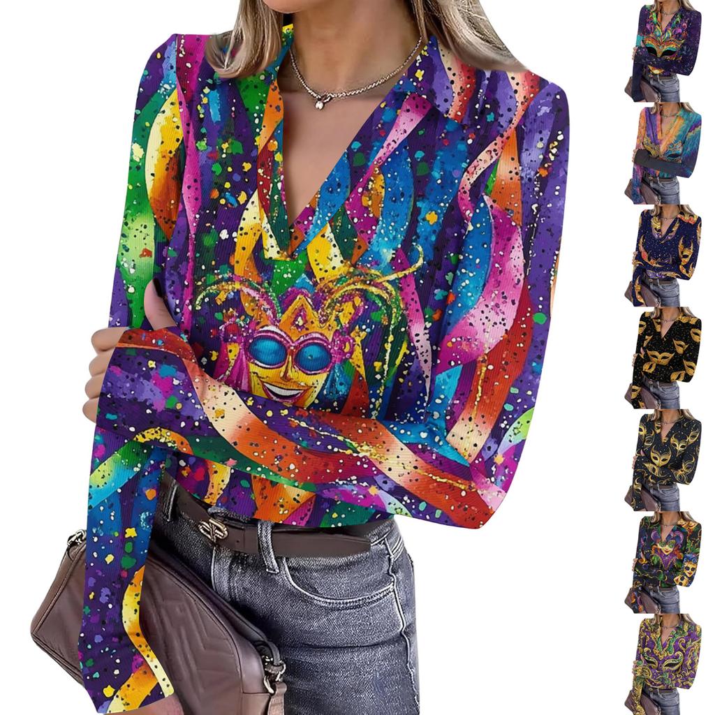 Women's Fashion Casual Print V-Neck Long Sleeve Button-Down Top