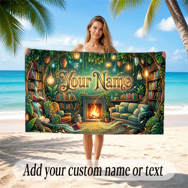 Nature Library Travel Theme Soft Beach Towel Personalized Custom Name Text Towel Portable for Beach Pool Travel