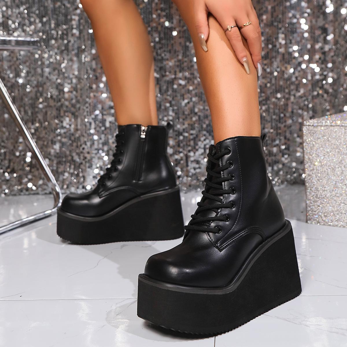 

Women Punk Boots Heel Chunky Motorcycle Boots Sexy Nightclub Party Shoes Mid-Calf Lace Up Casual Outdoor Shoes For Female 35-42 42 чёрный
