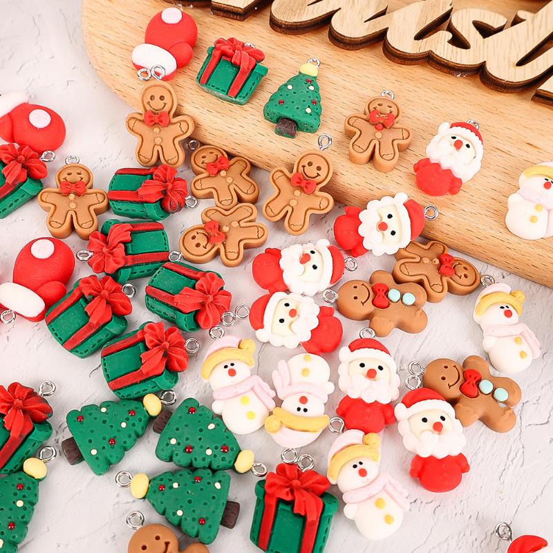Christmas Resin Ornament Cute Santa Gingerbread Man Hanging Pendant for DIY Craft Jewelry Keychain Xmas Tree Decorations