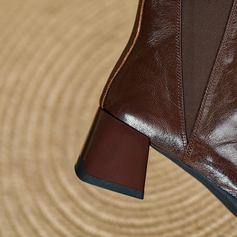 Fashion Women's new autumn square toe leather sheepskin metal high-heeled plus size and calf elastic retro fashion short boots