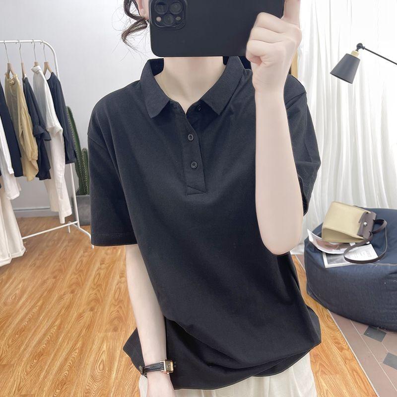 Women's Grey Polo Shirt Short Sleeve Casual Loose Fit Basic Knit Top