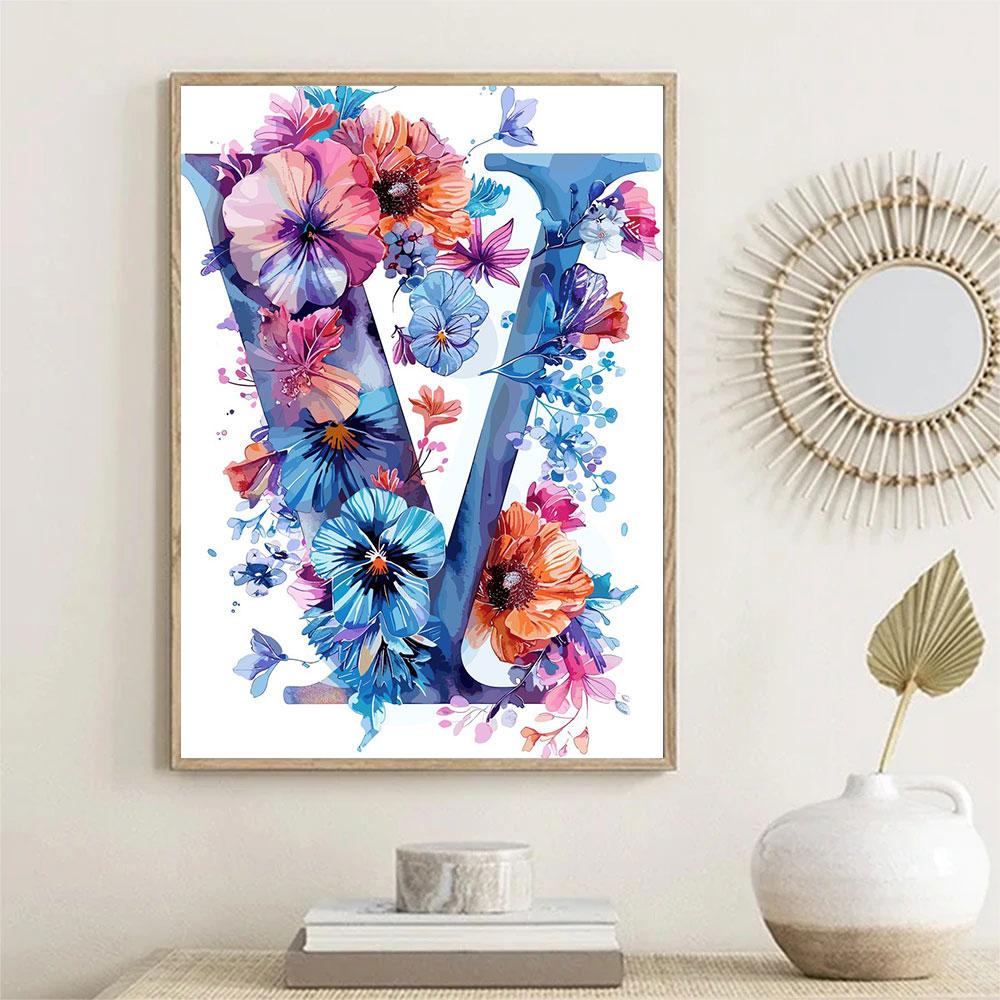 Flower Alphabet Wall Art Wreath Letters Canvas Painting Fashion Modern Aesthetic Poster Wall Pictures Home Decor For Living Room