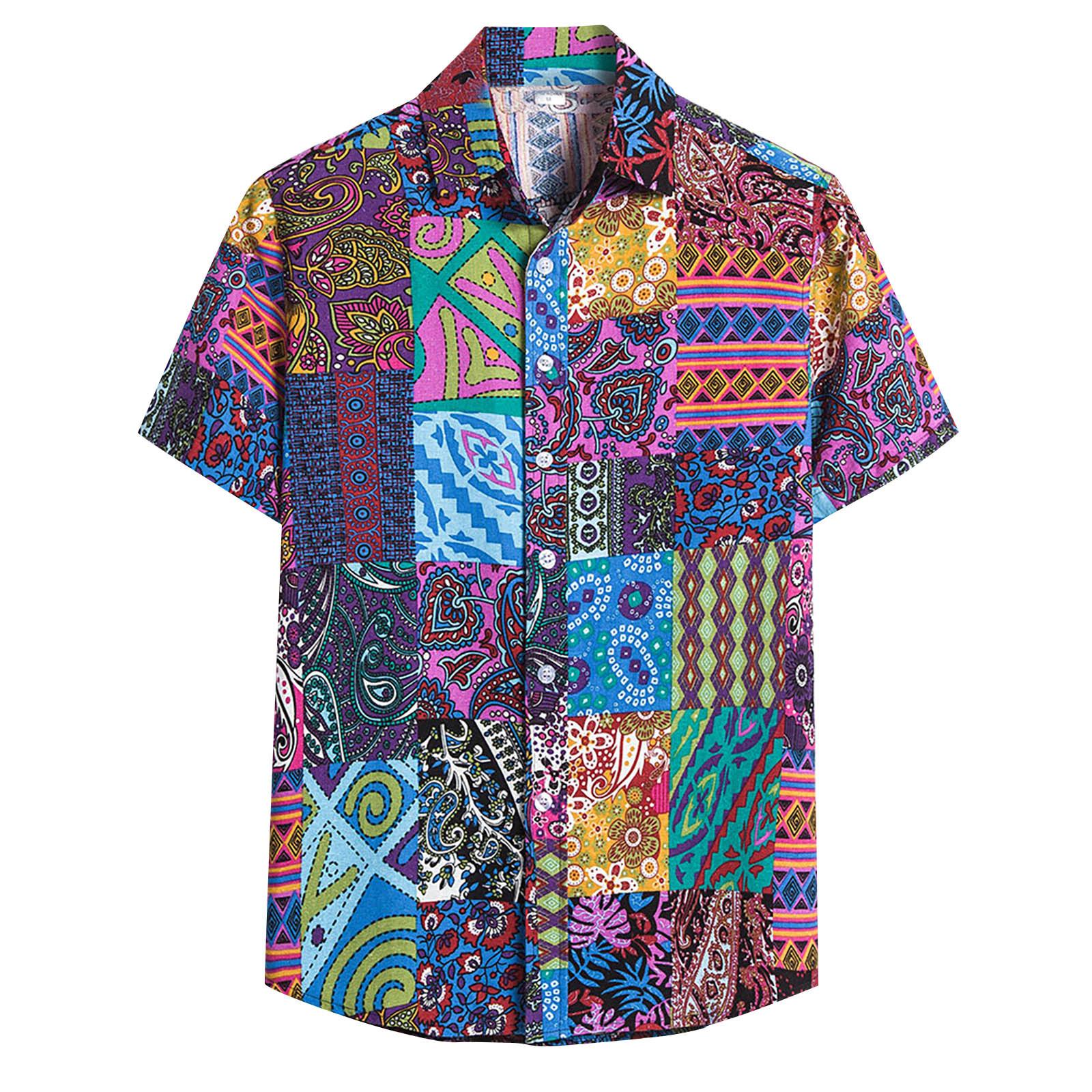 

Мужская мода в этническом стиле с коротким рукавом, повседневная гавайская рубашка с принтом, блузка, футболка XXXXXL фиолетовый