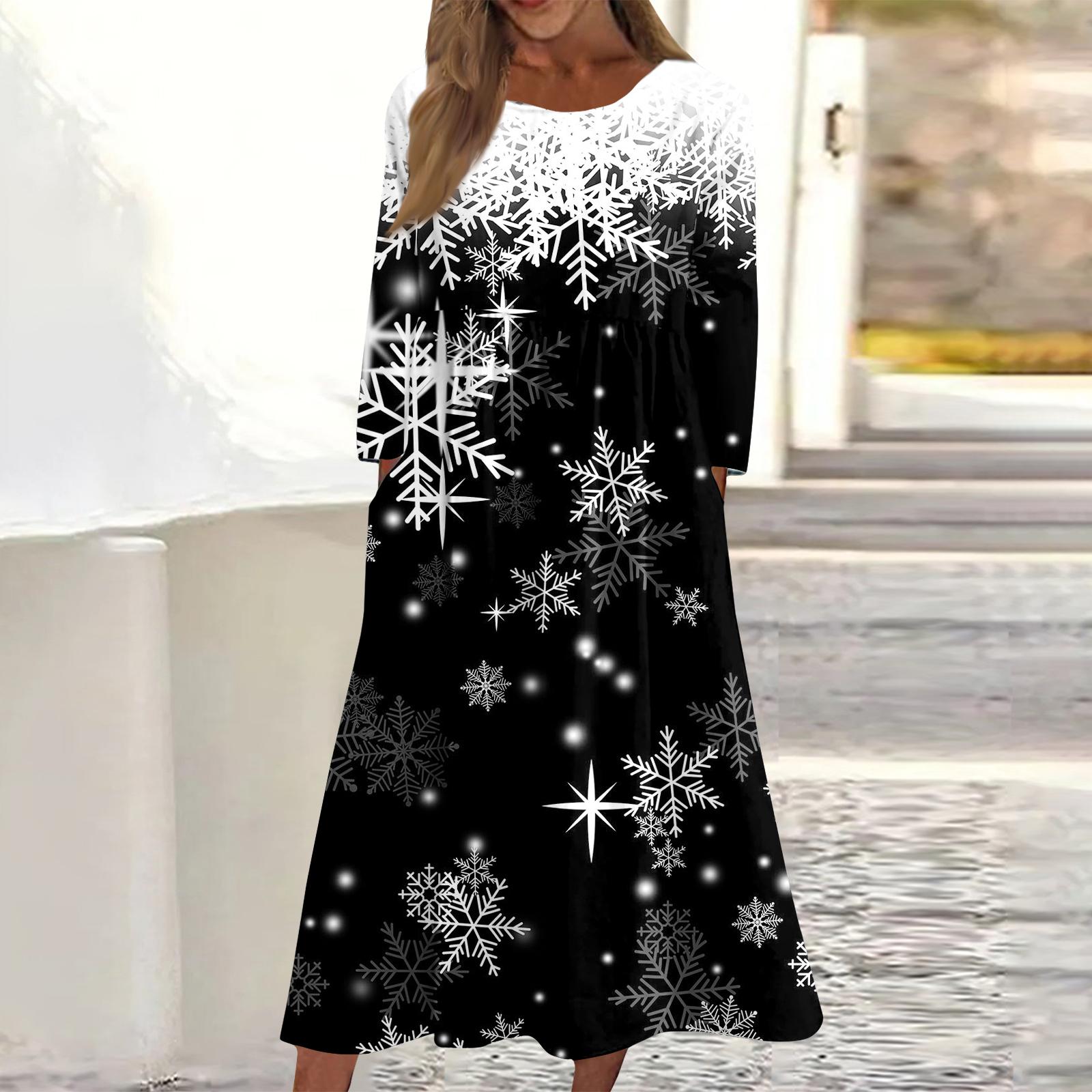 

Женское повседневное миди-платье с круглым вырезом и рождественским принтом, с длинным рукавом и карманом XXL чёрный