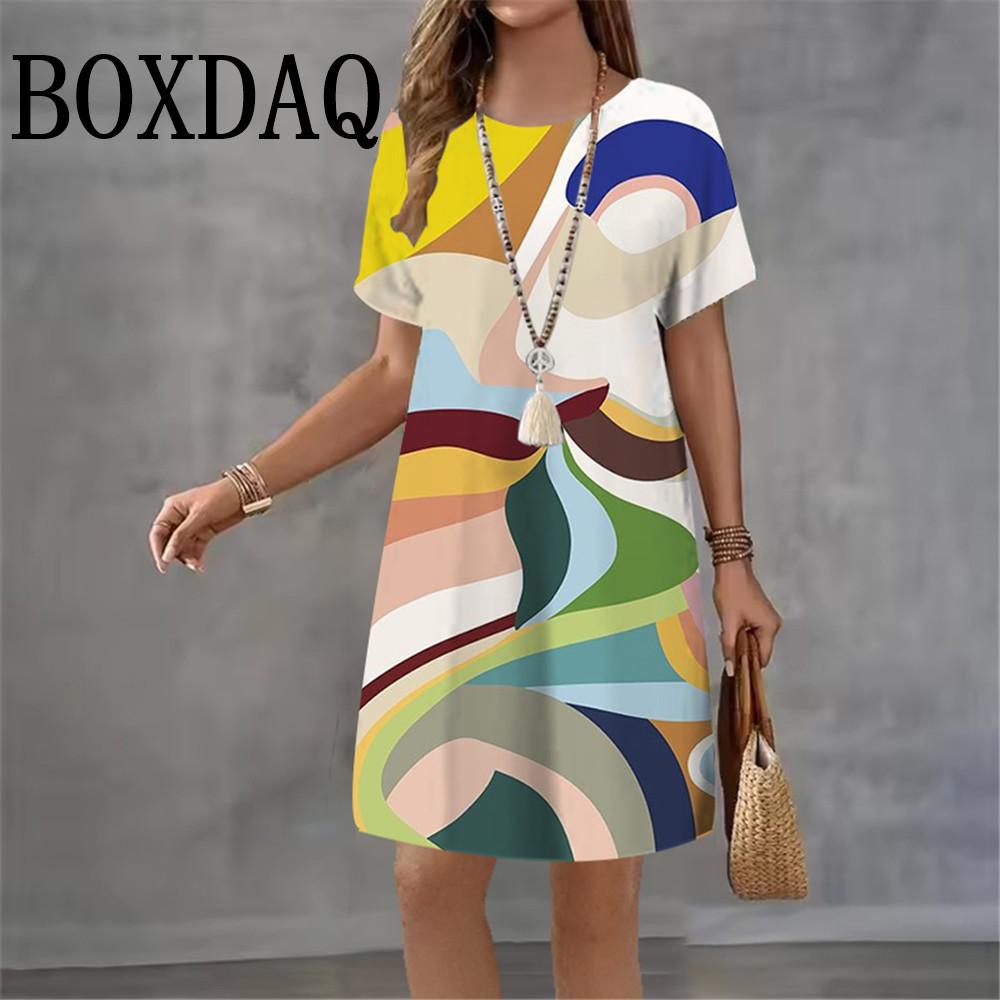 3D Abstract Print Dress Women 2026 New Summer Fashion Short Sleeve Loose Dress Casual O-Neck Ladies Short Dress