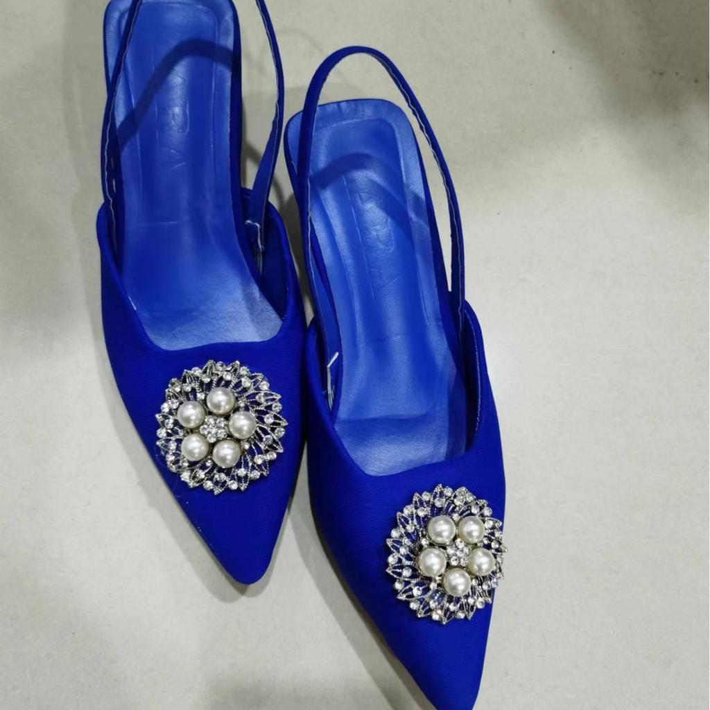 Plus Size 35-43 Summer New High Heels Pearl Water Diamond Pointed Rear Hook Strap Women's Sandals Low Heel Women's Pumps