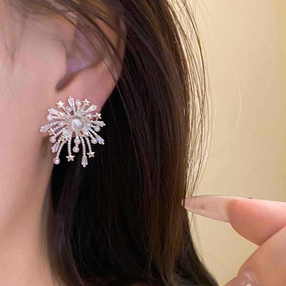 Pearl Like Dangling Firework Starburst Ear Studs Elegant Bridal Earrings for Ladies