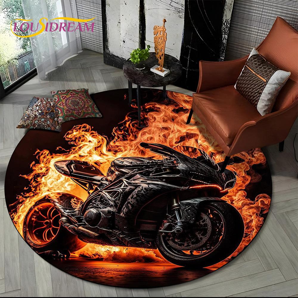 3D Retro Vintage Motorcycle Cartoon Round Area Carpet Rug for Living Room Bedroom Kid Playroom Decor,Pet Area Rug Non-slip Gift