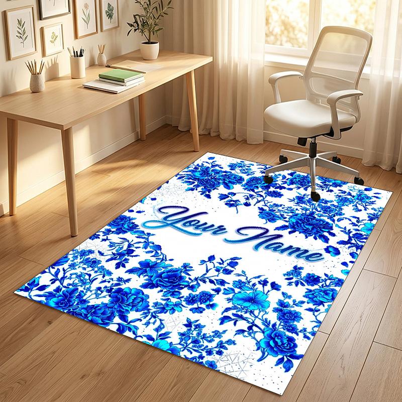 Blue Floral Elegance Theme Soft Crystal Velvet Rug Custom Name & Text Print Non Slip Floor Rug for Bedroom Living Room