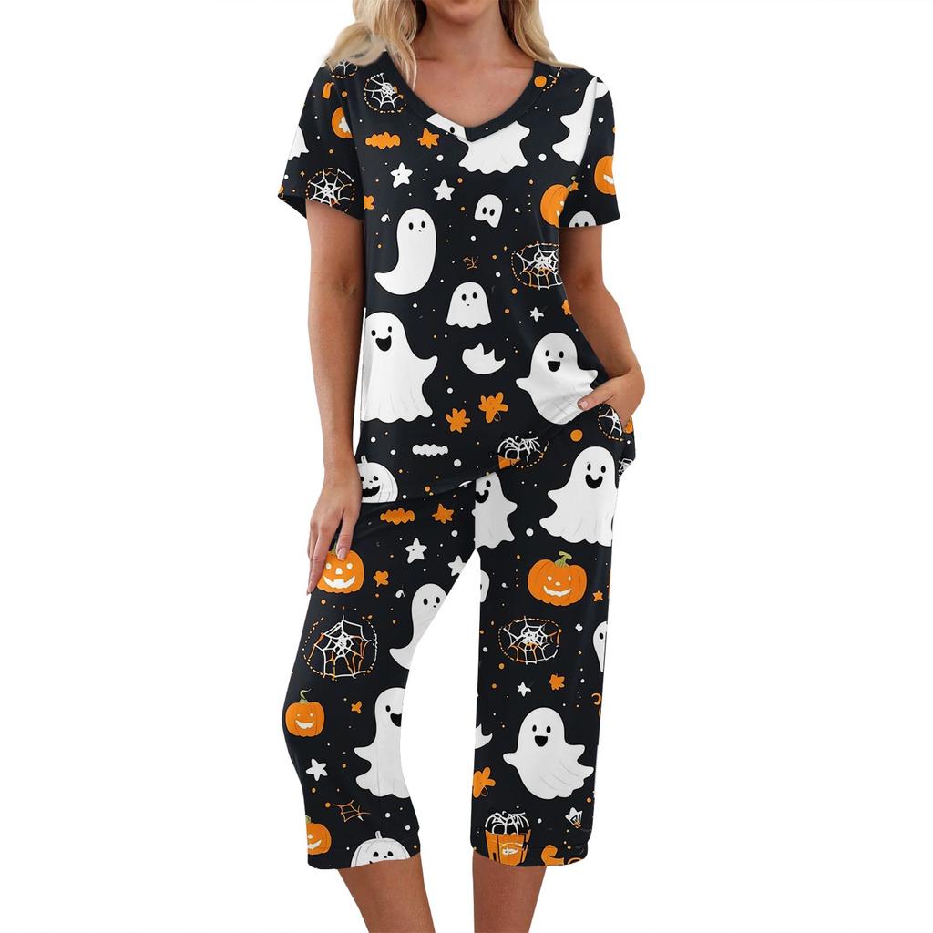 Dvoudílné soupravy pro ženy Krátký rukáv Top a Kalhoty s kapsami Cvičení Měkké Halloweenský potisk Soupravy