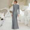 Abito Lungo Elegante da Sera da Donna, Colore Unito, Manica Lunga, Girocollo