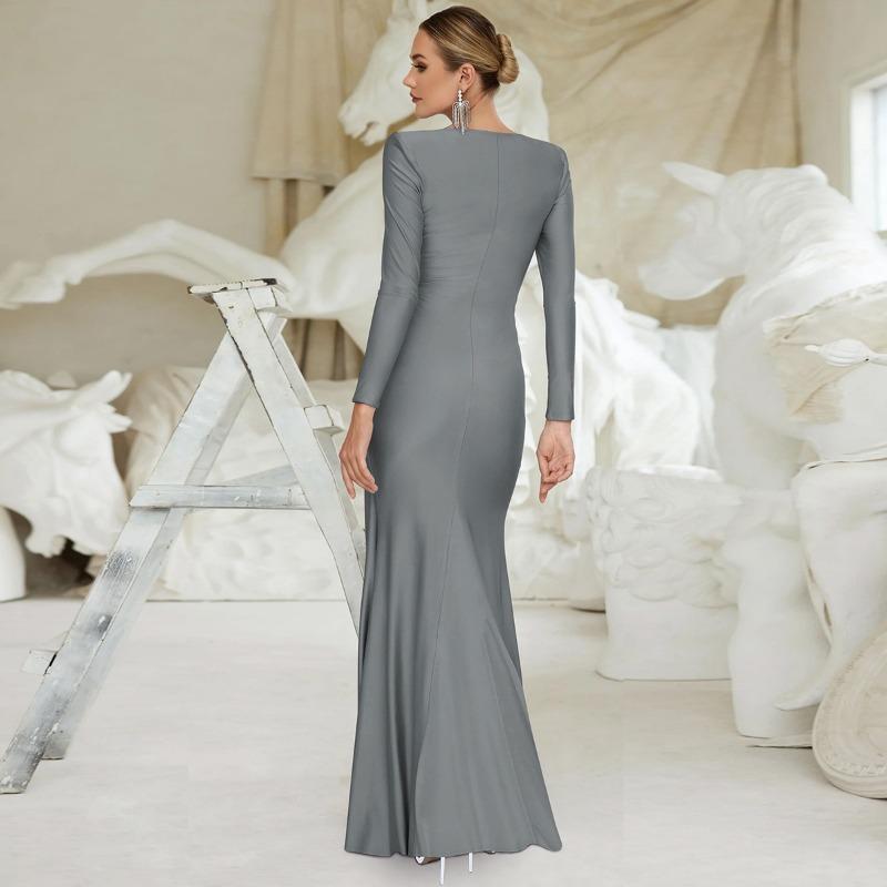 Abito Lungo Elegante da Sera da Donna, Colore Unito, Manica Lunga, Girocollo