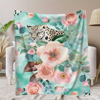 1Pcs Cozy Leopard and FloralDesign Printed Flannel Blanket Lightweight Soft Throw Soft All-Season Bedspread for Couch Camping, Travel