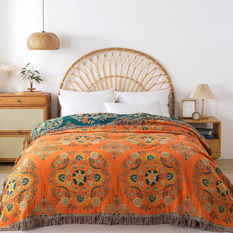 Bawełniany koc z frędzlami, wzór kwiatowy, dwustronny ręcznikowy pikowany koc, miękki pokrowiec na sofę, wygodny do codziennego użytku w domu