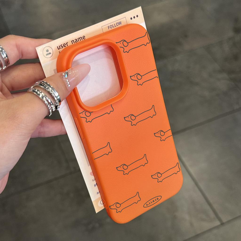Simple Lines Full Screen Dachshund Dog Suitable for Apple 16  Promax Mobile Phone Case 14 Leather Pattern Protective Case