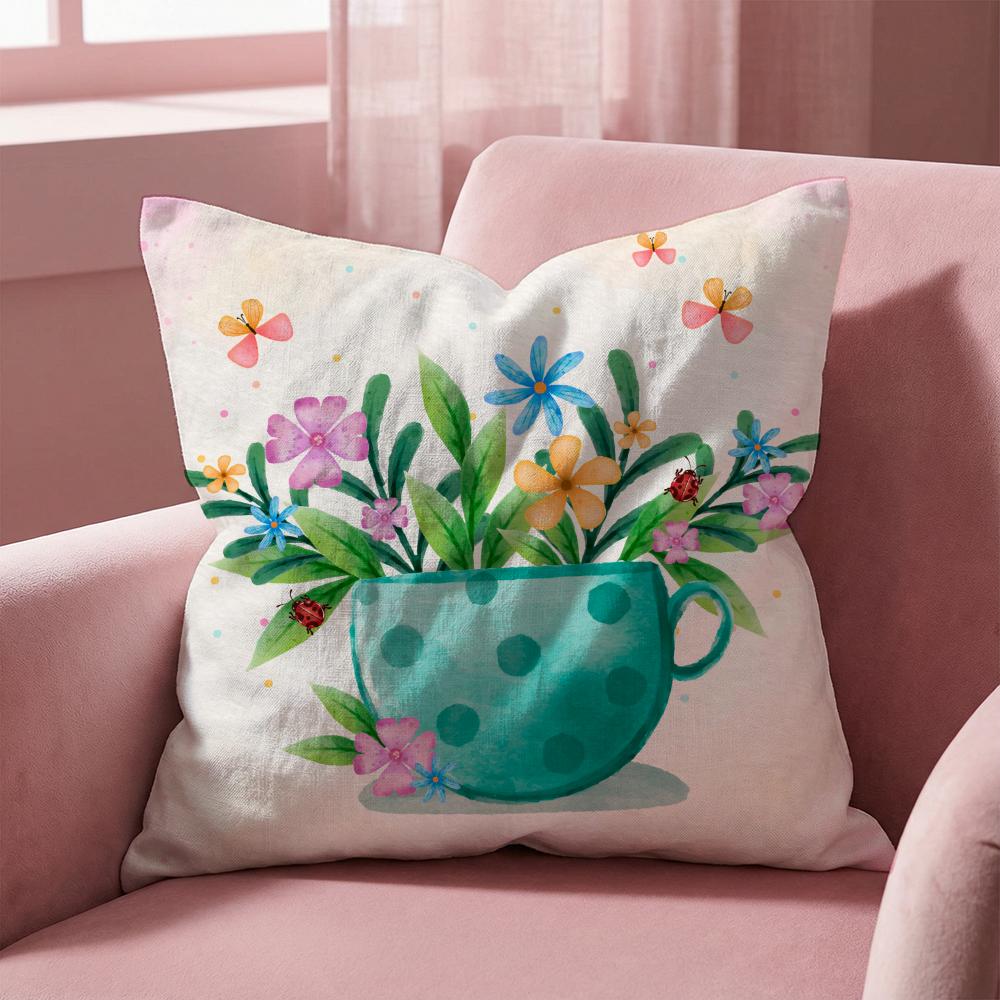 Painting Cup of Flowers Cushion Cover Multi-Scene Pillow Cover for Home & Car - Reversible, Soft & Durable for Daily Use