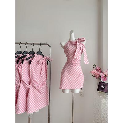 Summer Korean Fashion Mini Plaid Dress Women 2000s Sweet Sleeveless Frocks Party Vintage One-Piece Coquette Evening Old Money