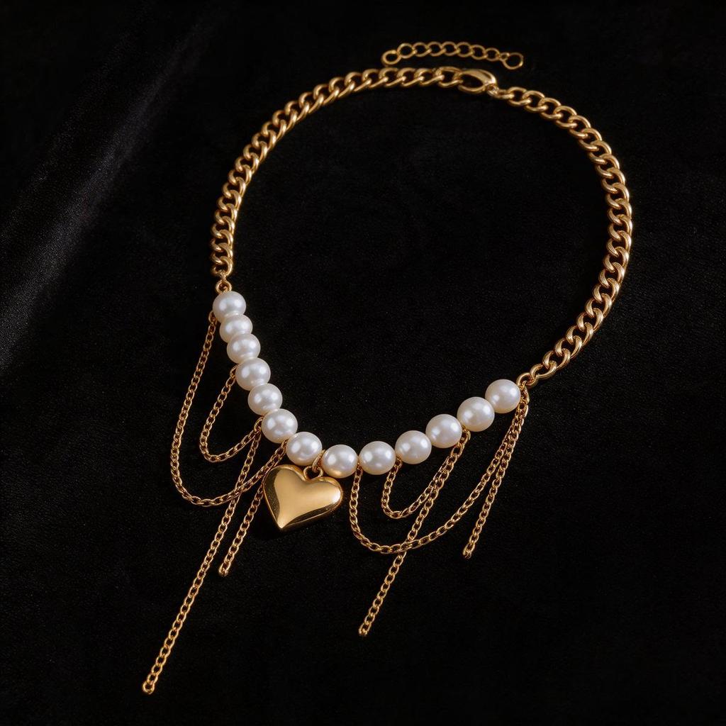 Heart-Shaped Pearl Tassel Retro Multi-Layer Clavicle Necklace