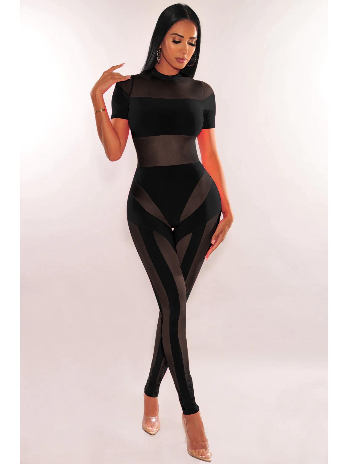 Женский полуприталенный прозрачный сетчатый комбинезон с короткими рукавами и вставками - Модный и удобный для поездок на работу M чёрный