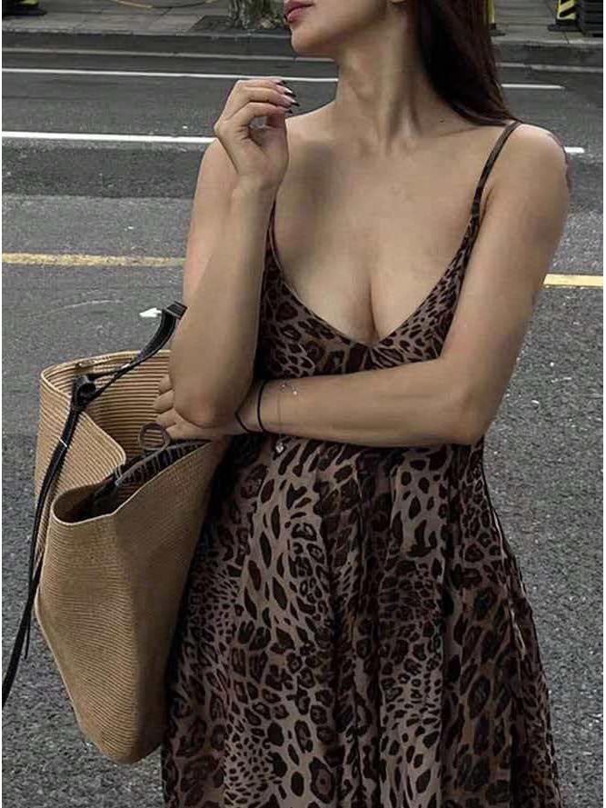 Spicy Leopard Print Backless V-Neck Spaghetti Strap Summer Dress - Elegant and Slim Fit