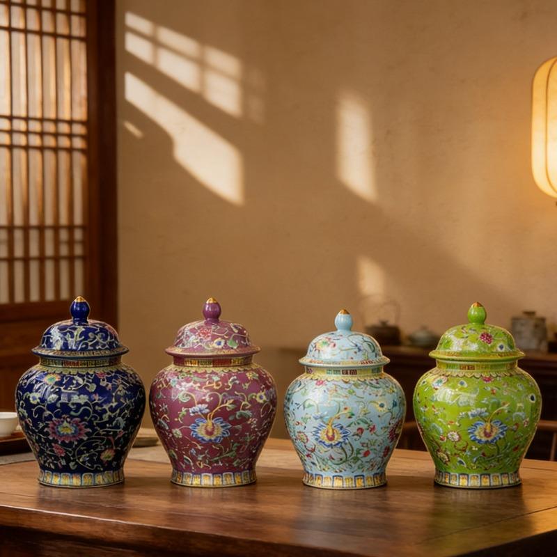 Chinese Ceramic Tea Leaf Airtight Jar with Enamel-painted General Jar Decoration High-end Candy and Coffee Beans Storage Bottle
