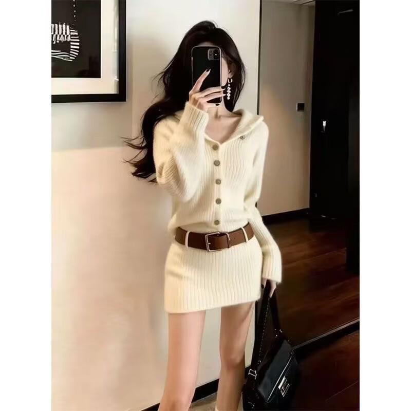 

2025 Autumn/Winter Petite Fit Waist-Cinched Sweater Mini Dress with Belt One Size 90-140