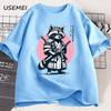 Fight Me Coward Vintage Samurai Raccoon T Shirt Japanese Cat Funny Graphic T-shirt Cotton Short Sleeve O Neck Tees Mens Clothing