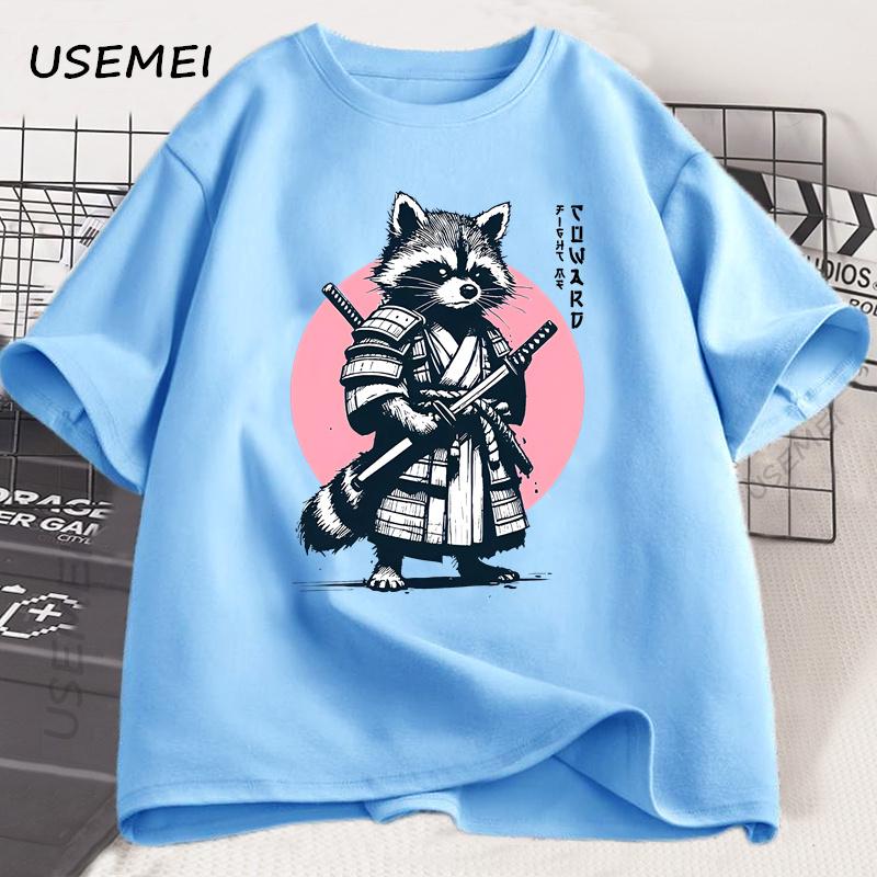 Fight Me Coward Vintage Samurai Raccoon T Shirt Japanese Cat Funny Graphic T-shirt Cotton Short Sleeve O Neck Tees Mens Clothing