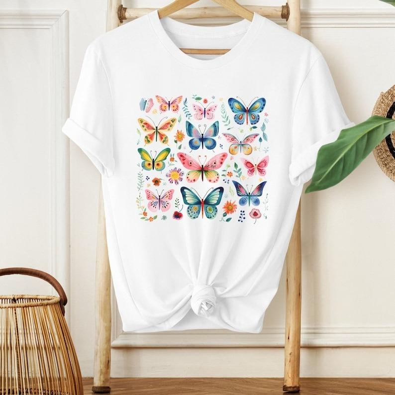 Cute Butterflies Pattern Wildflowers Butterfly Boho Botanical Cottagecore Floral Shirt Nature Lover Fern Printed Tshirt Tops