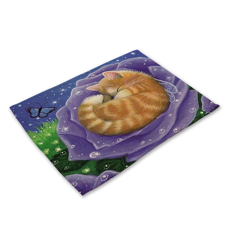 45X30cm Cute Cat Flower Pattern Placemat Dining Table Mats Cotton Linen Drink Coaster Western Pad Cup Mat For Home Decor Gifts
