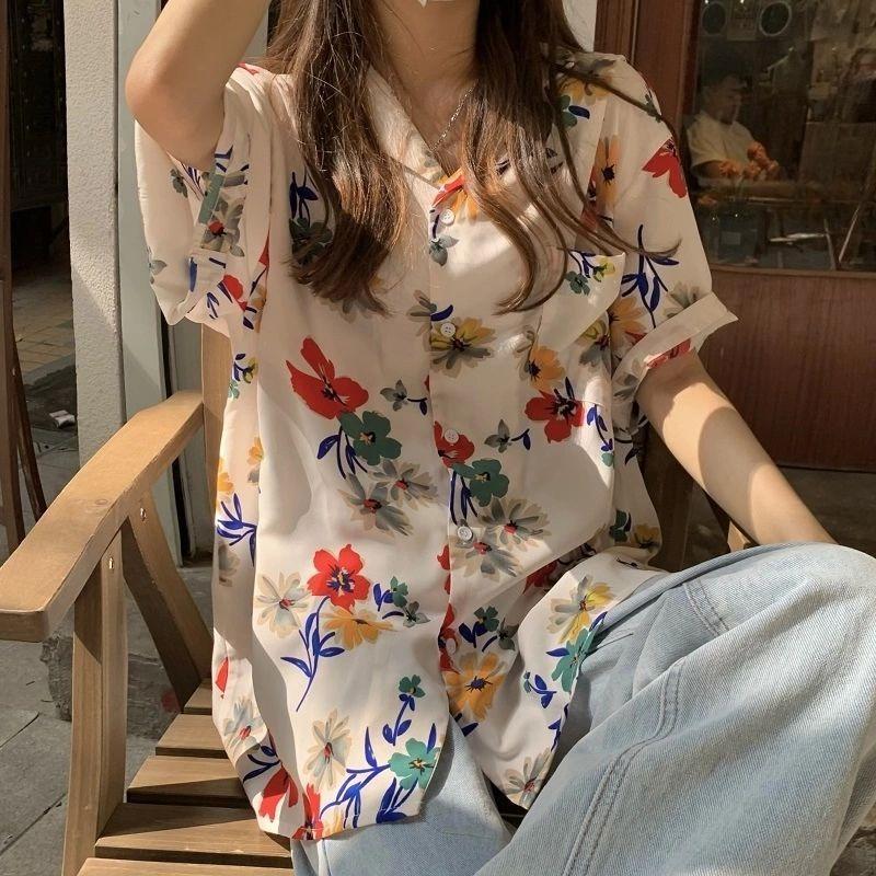 Retro Printed Women's Short Sleeved Shirts Loose Fashionable Versatile Bloues Korean Minimalist Ladies Clothing