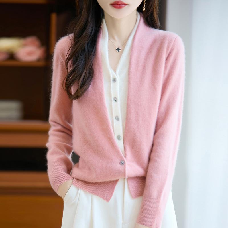 Women's French V-Neck Wool Cardigan - Faux Two-Piece, Long Sleeve, Color Block, Autumn/Winter Collection