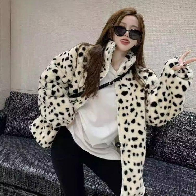 Autumn and Winter Light Imitation Fox Hair White Leopard Print Fur Coat Short Stand-up Collar Thickened Jacket