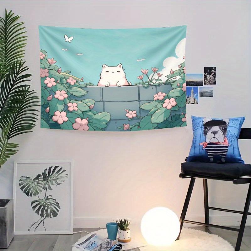 Cat In Floral Tapestry, Kawaii Style Wall Hanging For Living Room Bedroom, Complete Installation Kit, Great Gift For Cat Lovers