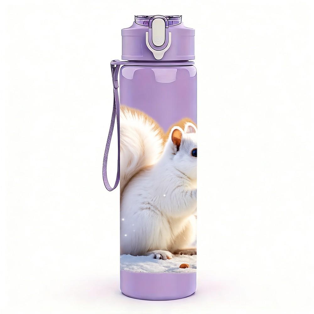 1PC White Squirrel Nut Animal Print 750ml Color Plastic Sports Water Bottle Leakproof Flip Straw Lid Suitable for Sports Office Home Use