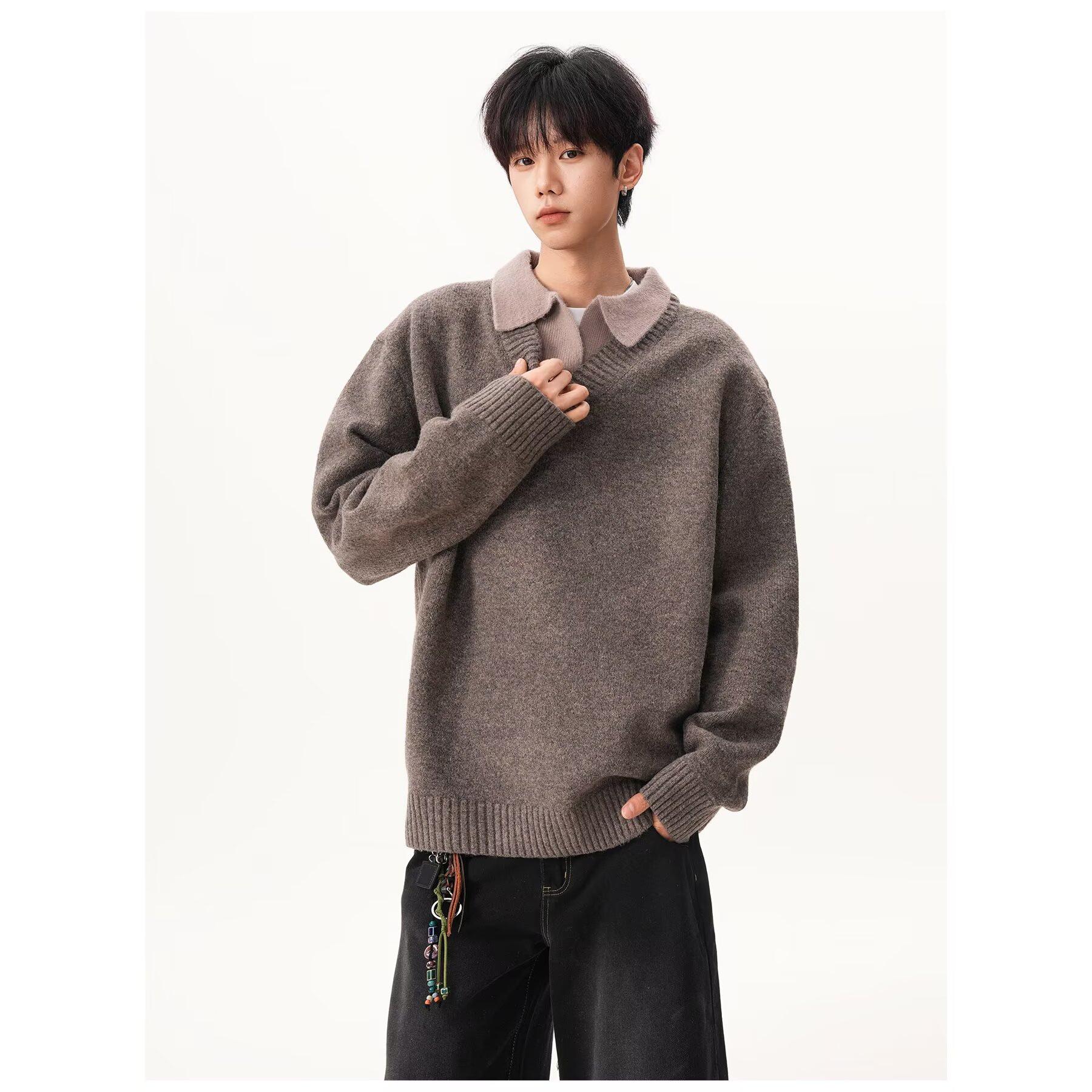 **American Retro Gray Knit Sweater with Shirt Collar - Men s Winter Loose Two-Piece Style** M