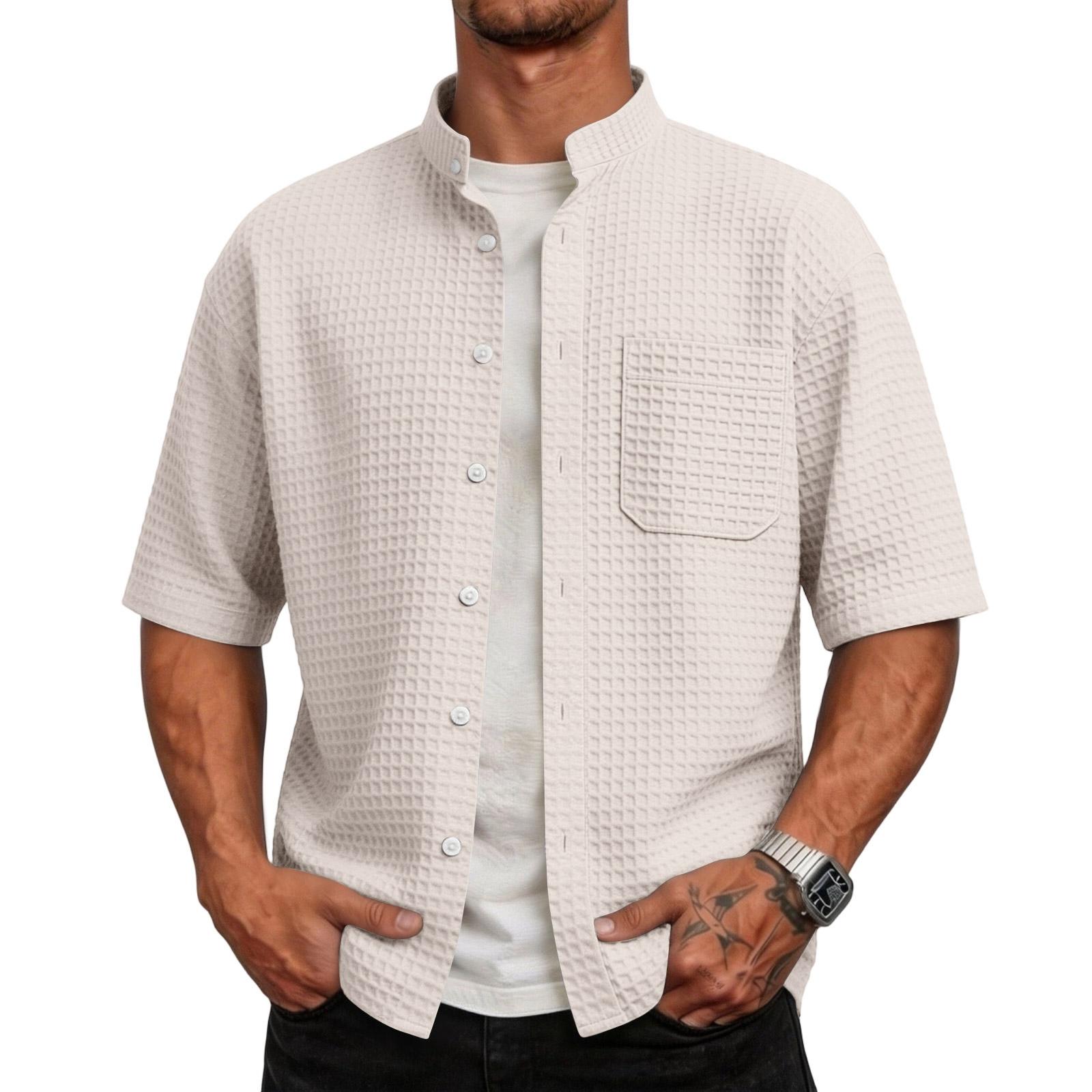 

Men s Summer -color Stand-up Collar Stylish Cardigan Men s Casual Sport Button-down Short-sleeved Shirt L