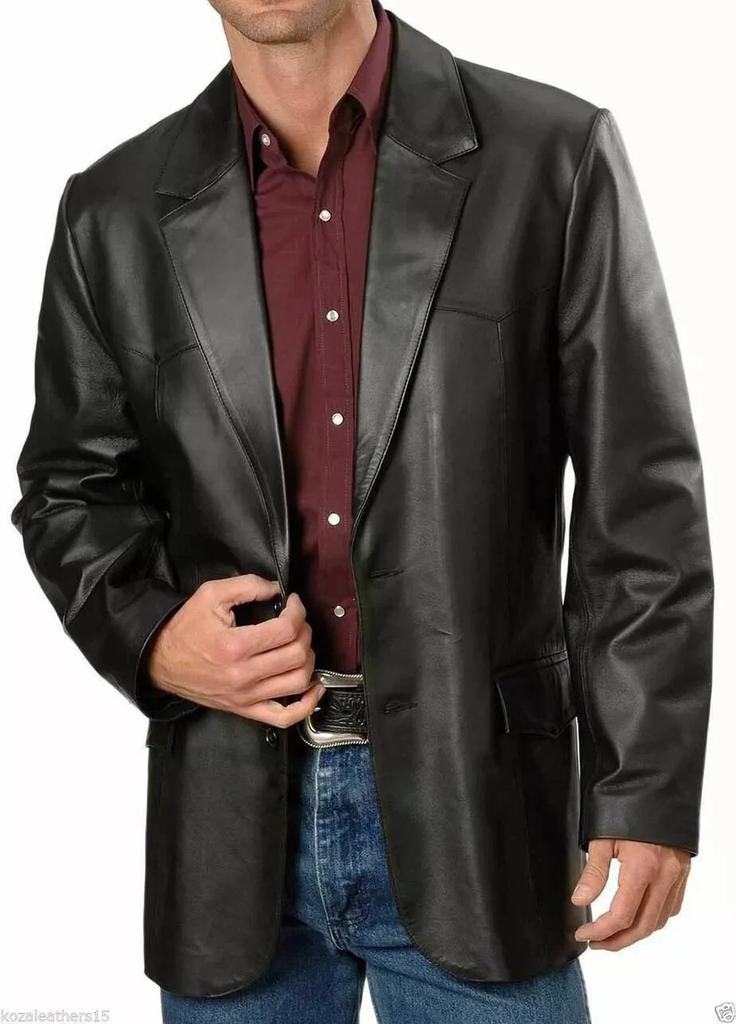 Stylish Formal Men's Blazer Black Two-Button Handmade Lambskin Leather Fashion