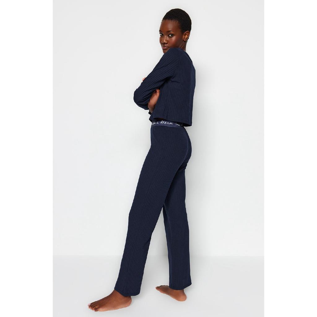 Set pijama tricotată cu snur cu cauciuc albastru bleumarin Thmaw21pt0269