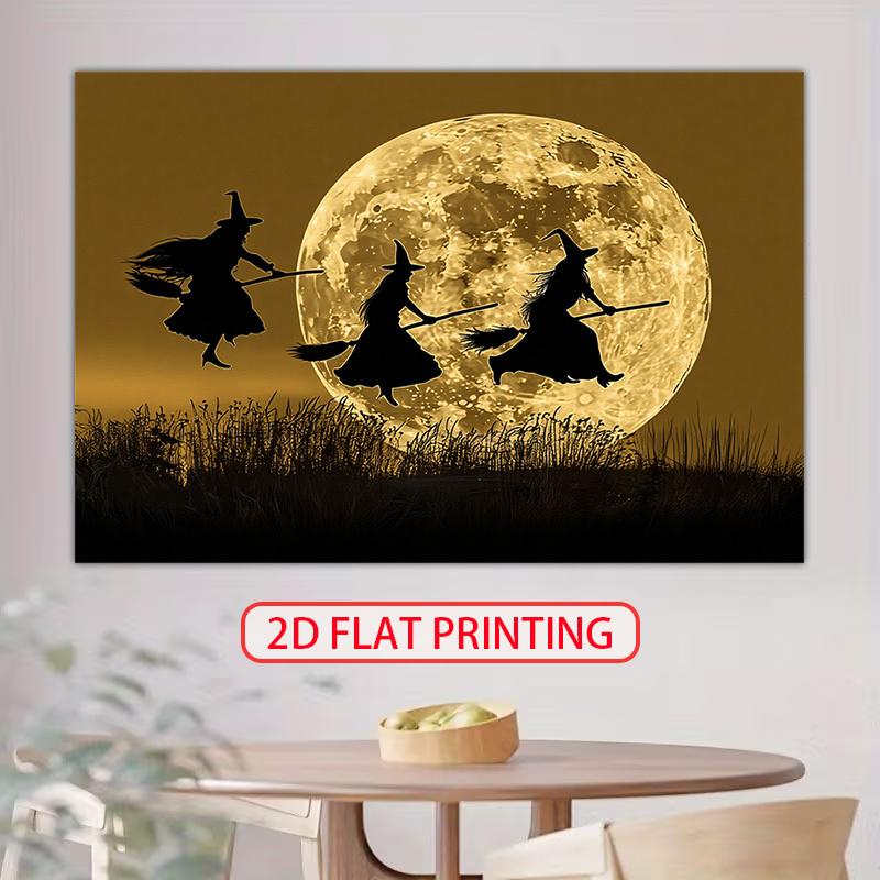 2D flat banner on the terrifying Halloween night featuring a dark shadowy witch flying on a broomstick.PMJ