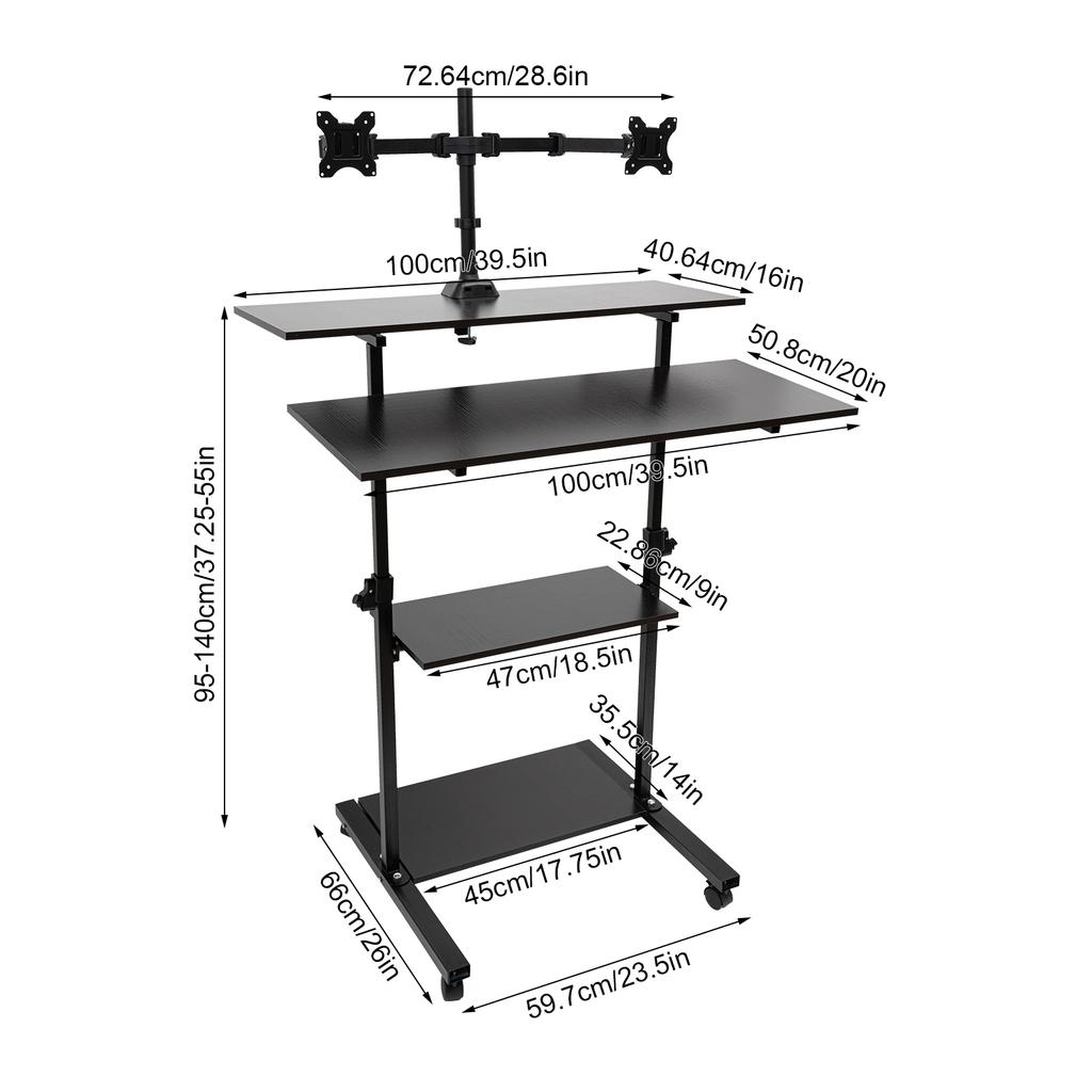 4-tier Stand Up Desk, Wide Mobile Stand Up Desk, Height Adjustable Rolling Workstation Rectangular for Office, Living Room
