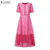 ZANZEA Women Casual Round Neck Short Sleeve Summer Lace Patchwork Dress