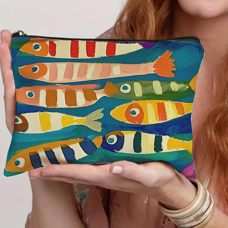 Vintage Canvas Cosmetic Bag Simple Large Capacity Makeup Bag Female Travel Clutch Toiletry Bag Retro Sardines Olive Oil Design