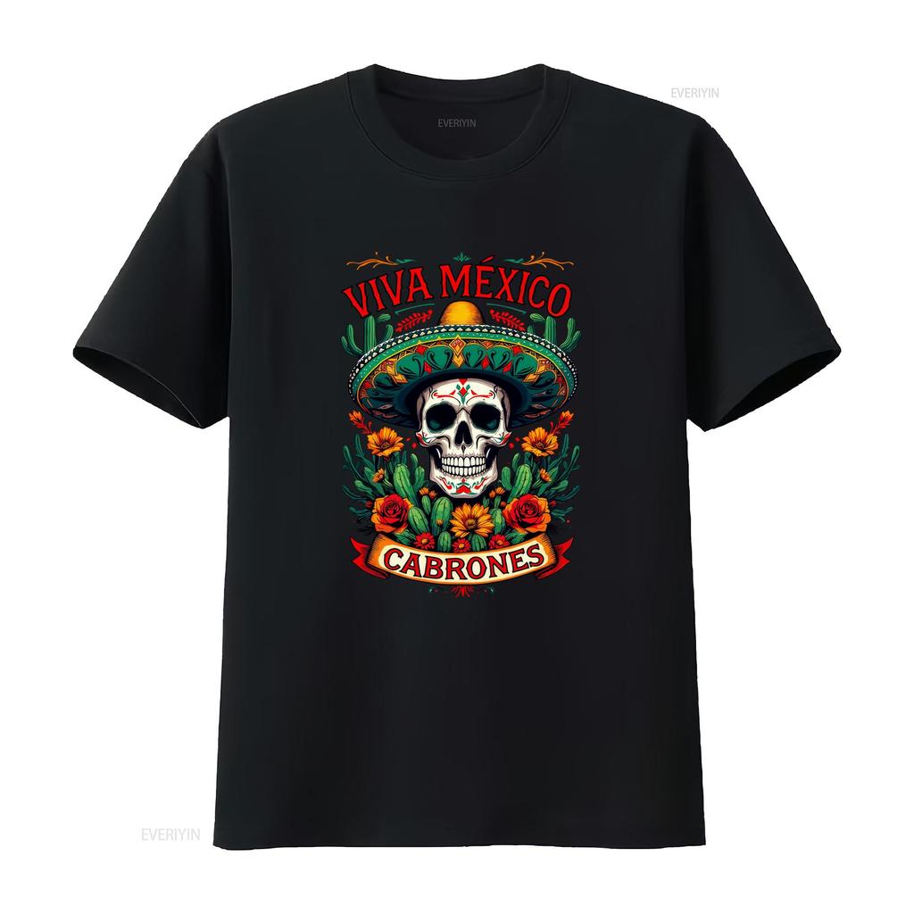 Viva México Cabrones T Shirt Mexican Skull Sombrero Day of the Dead Inspired Bold Pride Apparel Vintage Washed Casual Stretched