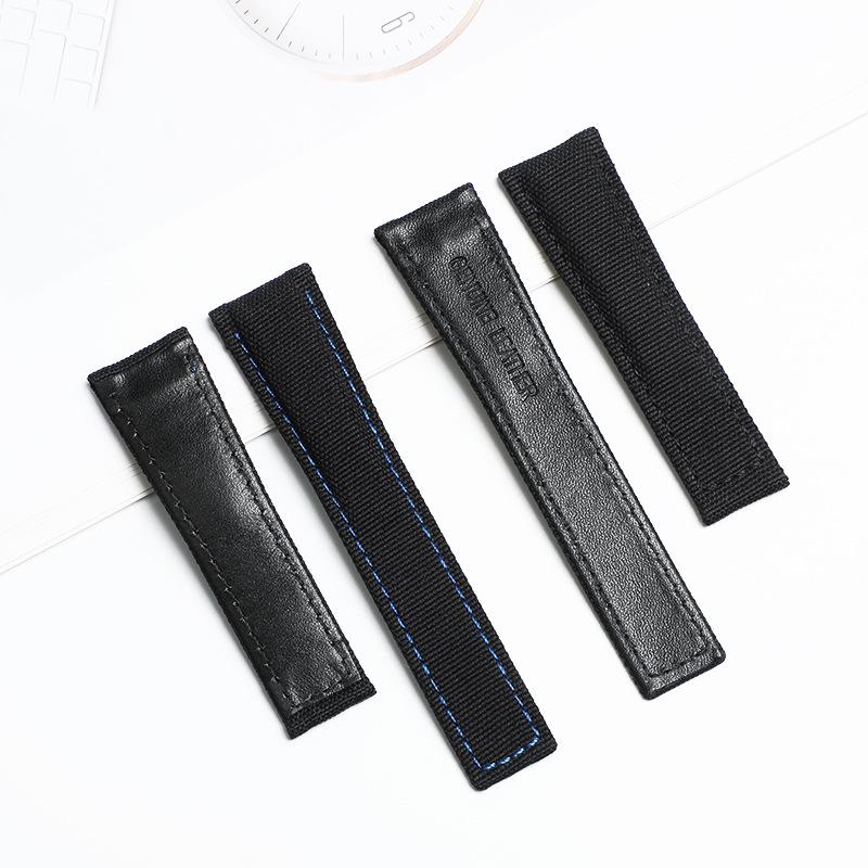 HY Hao Ya Men's Genuine Leather & Nylon Canvas Watch Strap with Velcro Closure, Available In 20mm and 22mm Sizes.
