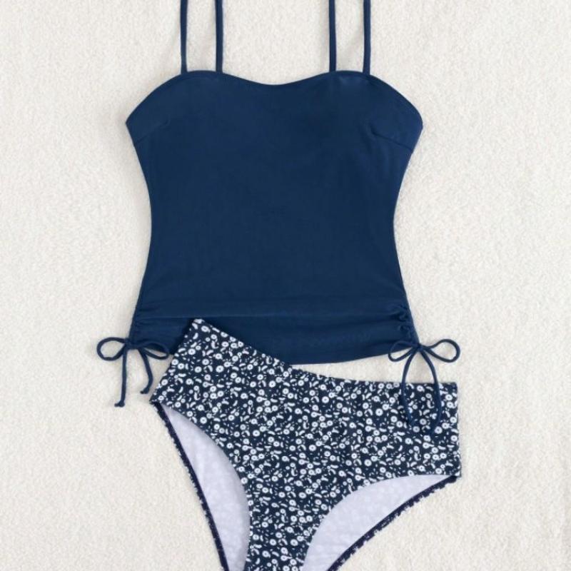 2 Piece Conservative Athletic Bikini Set Spaghetti Strap Drawstring Side Leopard Print Tummy Control Summer Beach Bathing Suit Swimwear