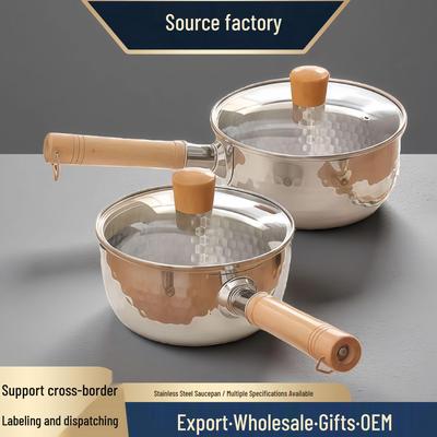 Milchtopf aus gehämmertem Edelstahl 304 mit Holzgriff für Induktionsherde, dicker, flacher Boden, ideal für Suppen und Babynahrung.